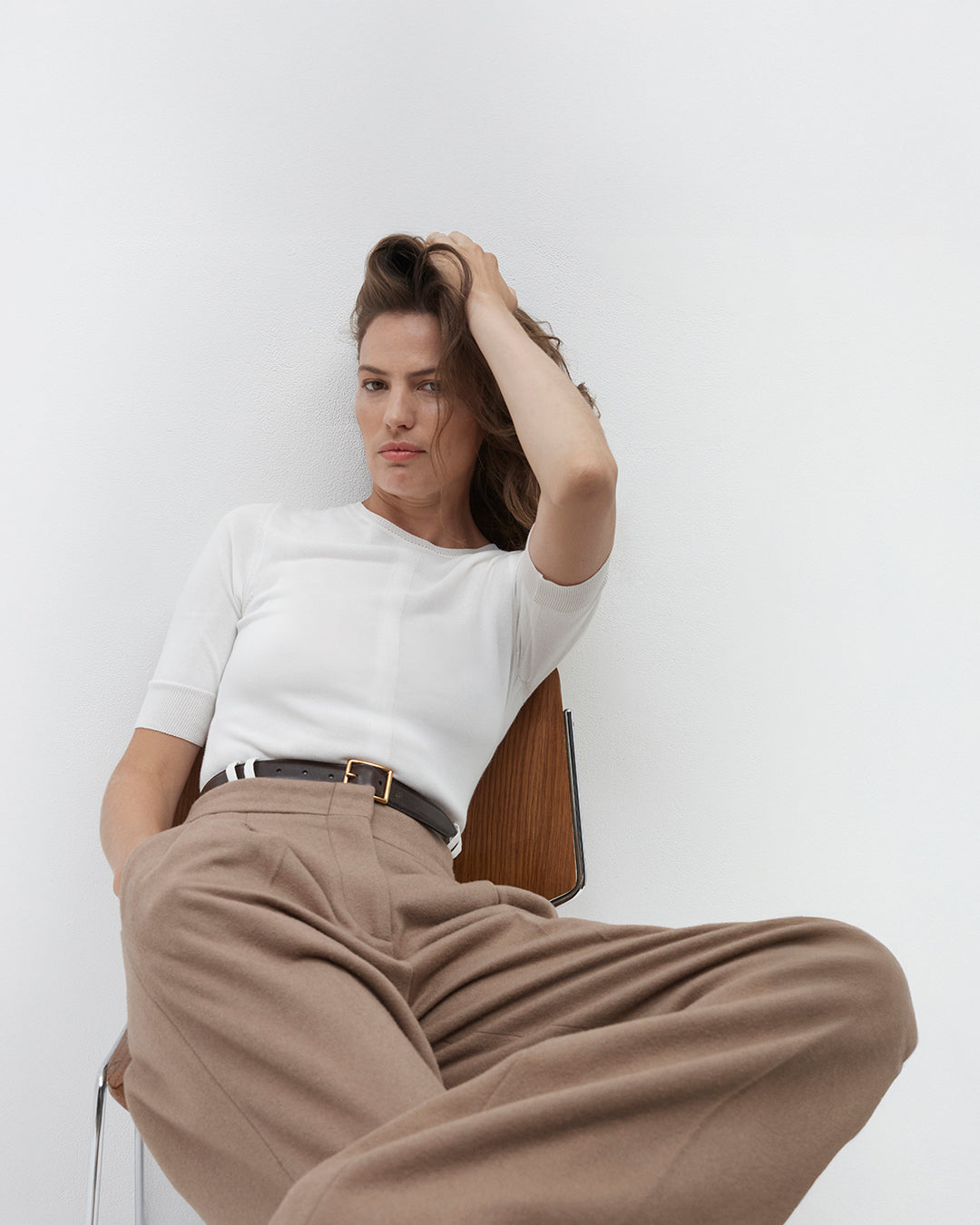 Another Tomorrow Fitted Knit Top in Off White – Cotton Women's Knitwear