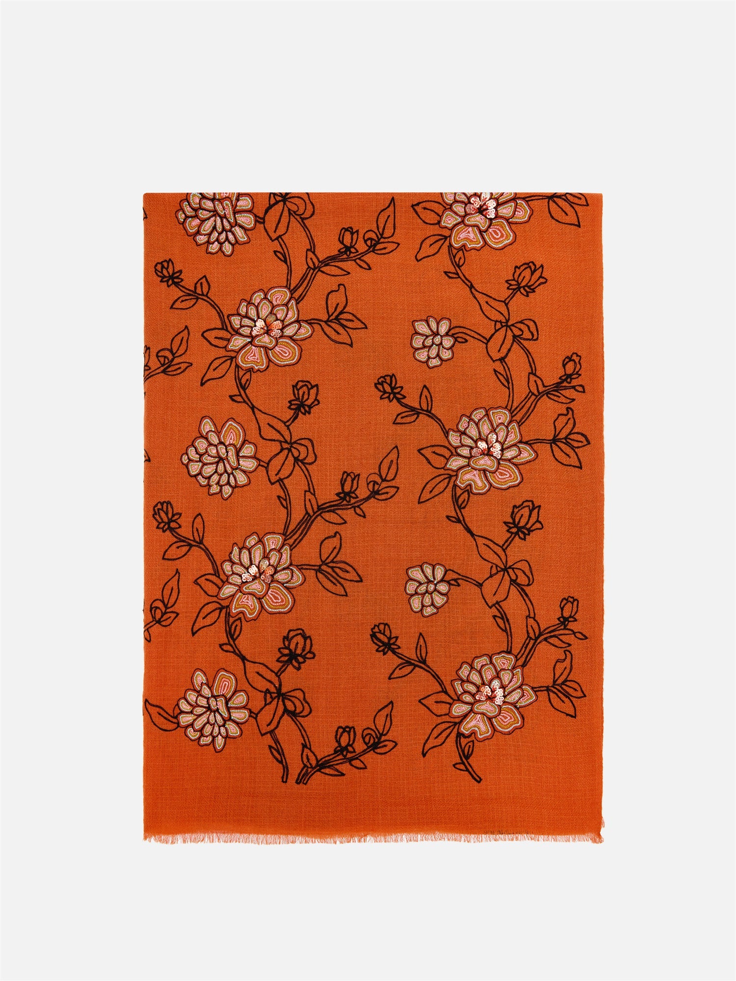 India Co-Creation Embroidered Cashmere Scarf Shawl | Vibrant Orange