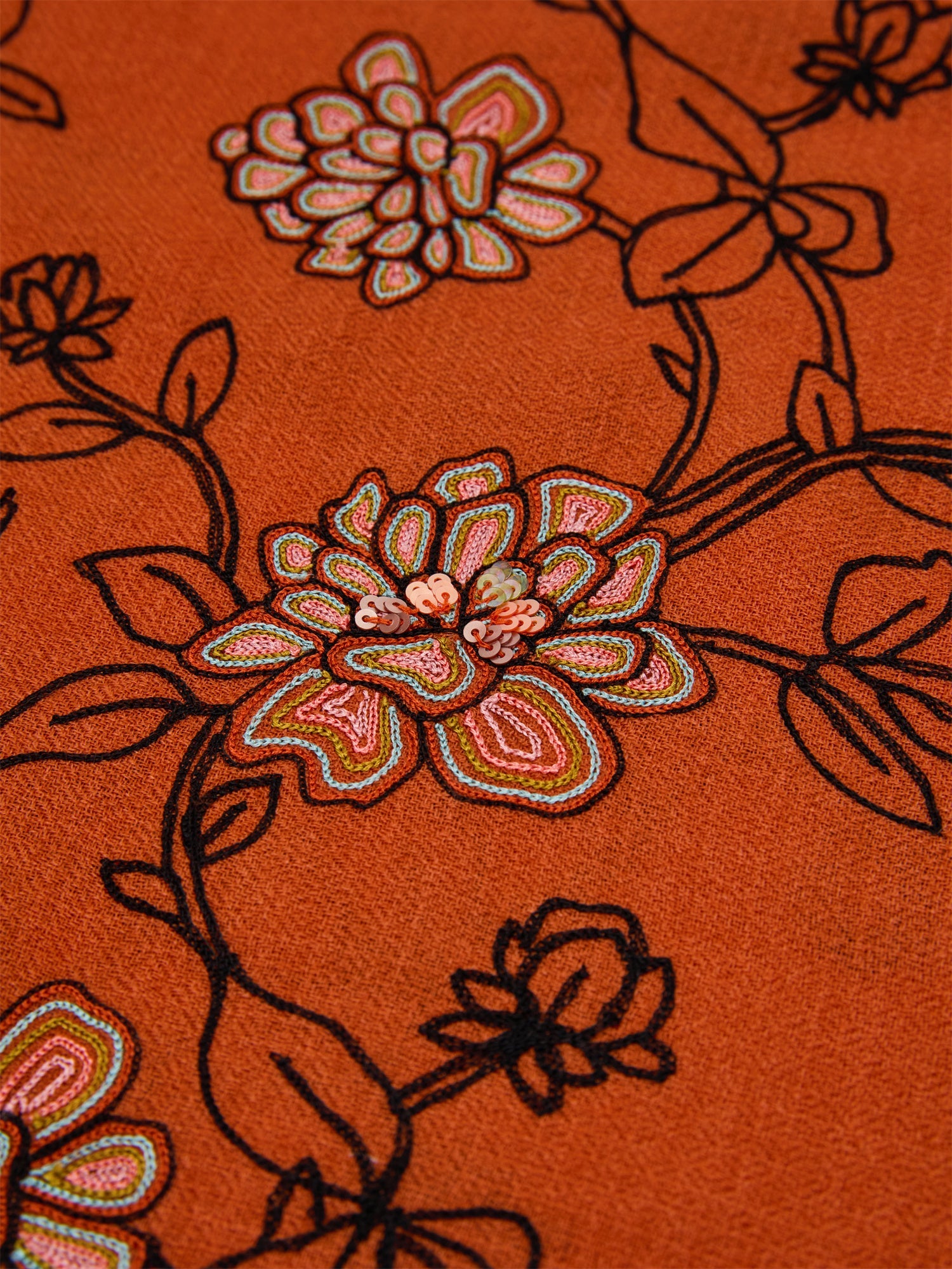 India Co-Creation Embroidered Cashmere Scarf Shawl | Vibrant Orange