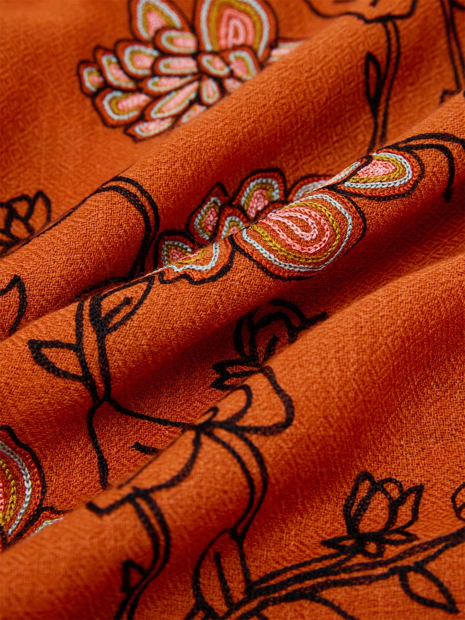 India Co-Creation Embroidered Cashmere Scarf Shawl | Vibrant Orange