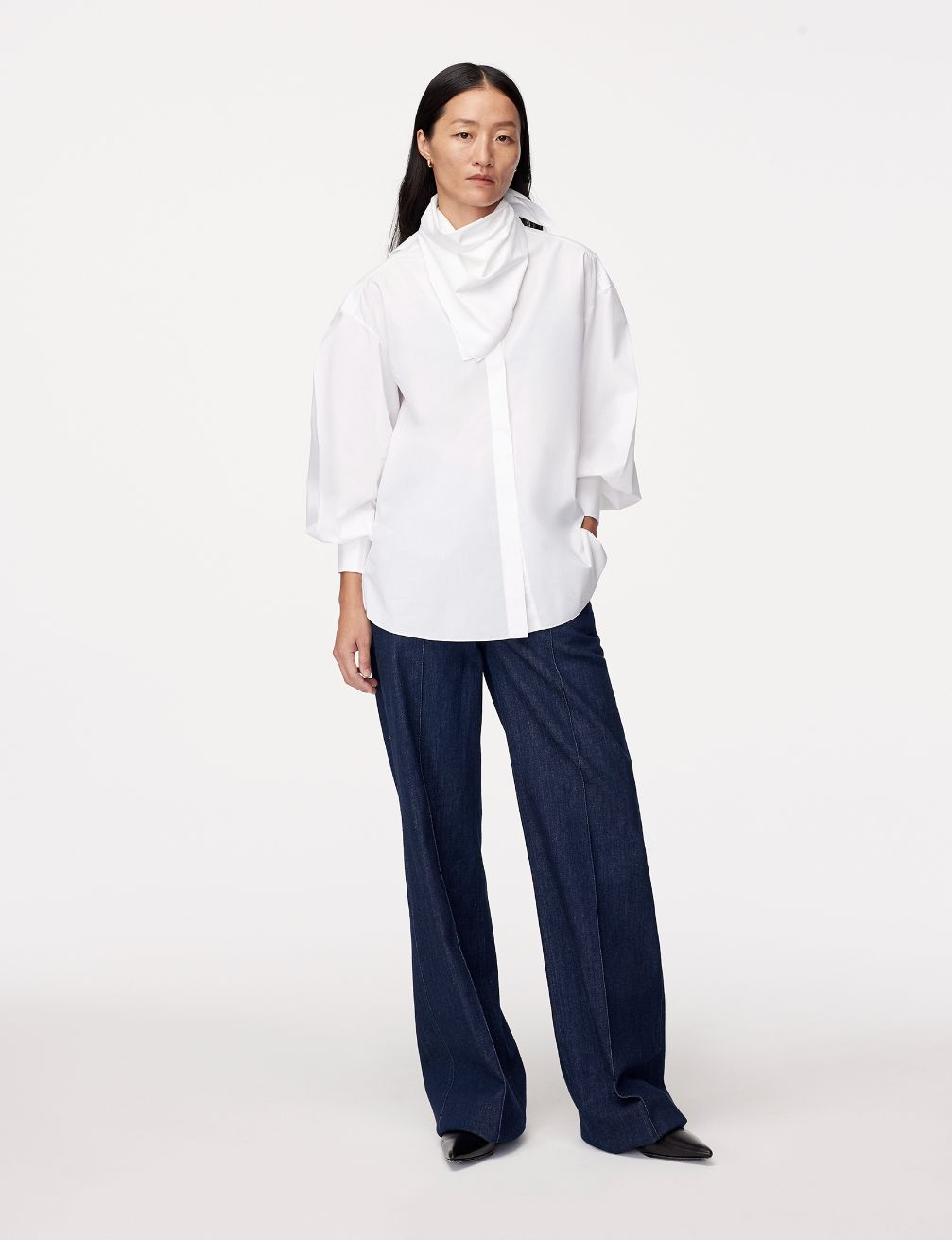 Another Tomorrow Detachable Bandana Blouse in White – Cotton Women's Top