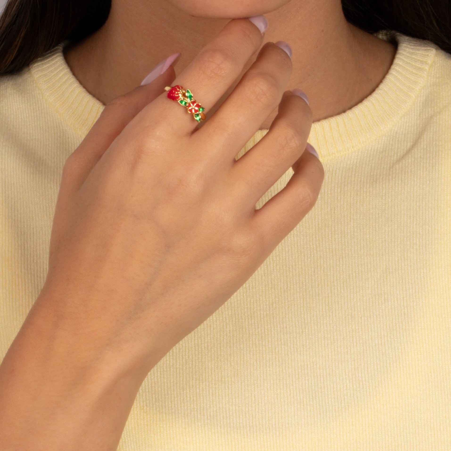 Colored Enamel Strawberry & Flower Adjustable Ring - Adina's Jewels