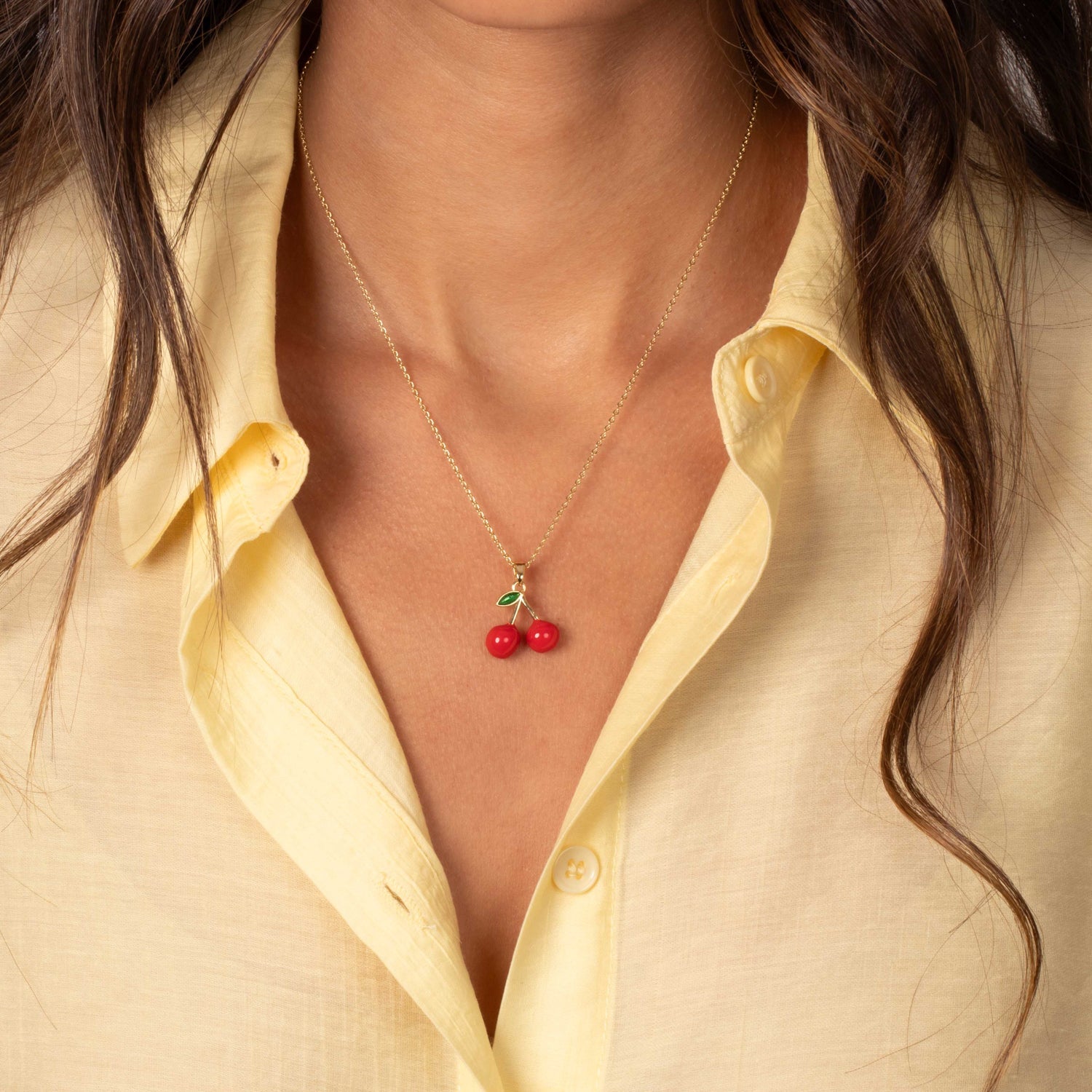 Red & Green Enamel Cherry Charm Necklace - Adina's Jewels