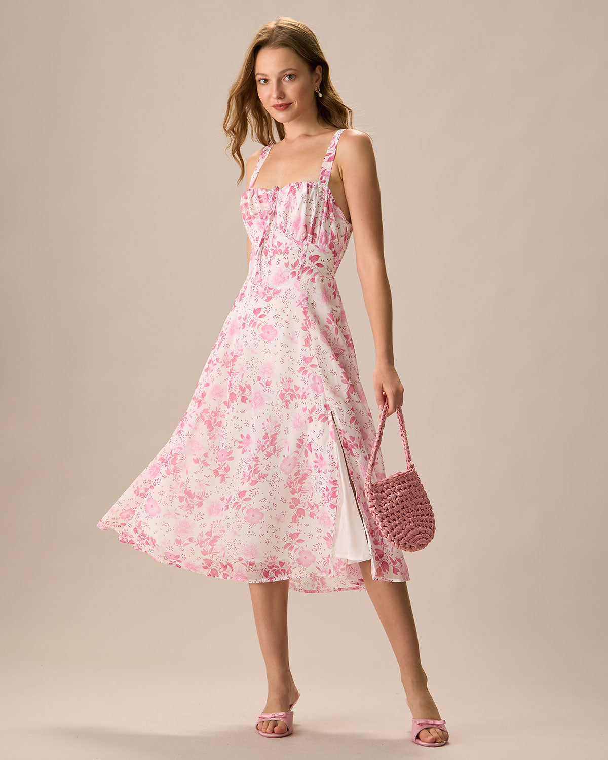 The Pink Square Neck Floral Ruched Midi Dress