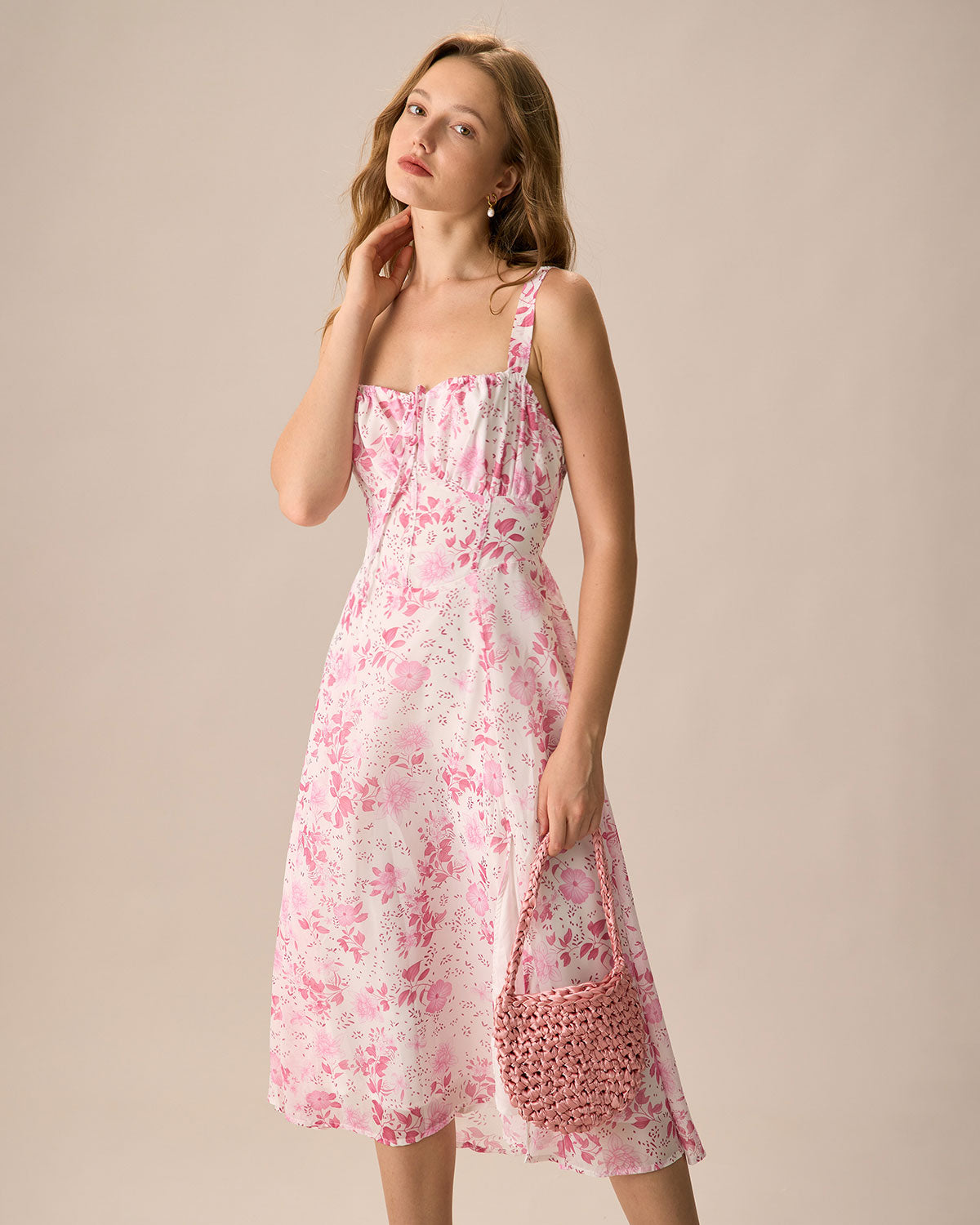 The Pink Square Neck Floral Ruched Midi Dress