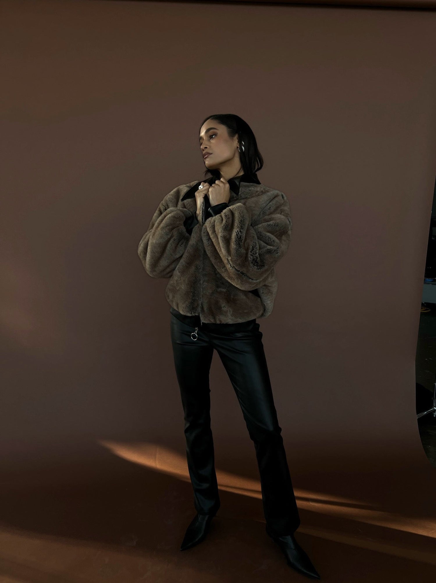 Faux Fur Bomber Jacket | Black/Brown