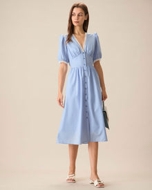 Women's Blue V-Neck Puffed Sleeve Midi Dress | Blue