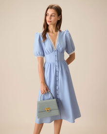 Women's Blue V-Neck Puffed Sleeve Midi Dress | Blue