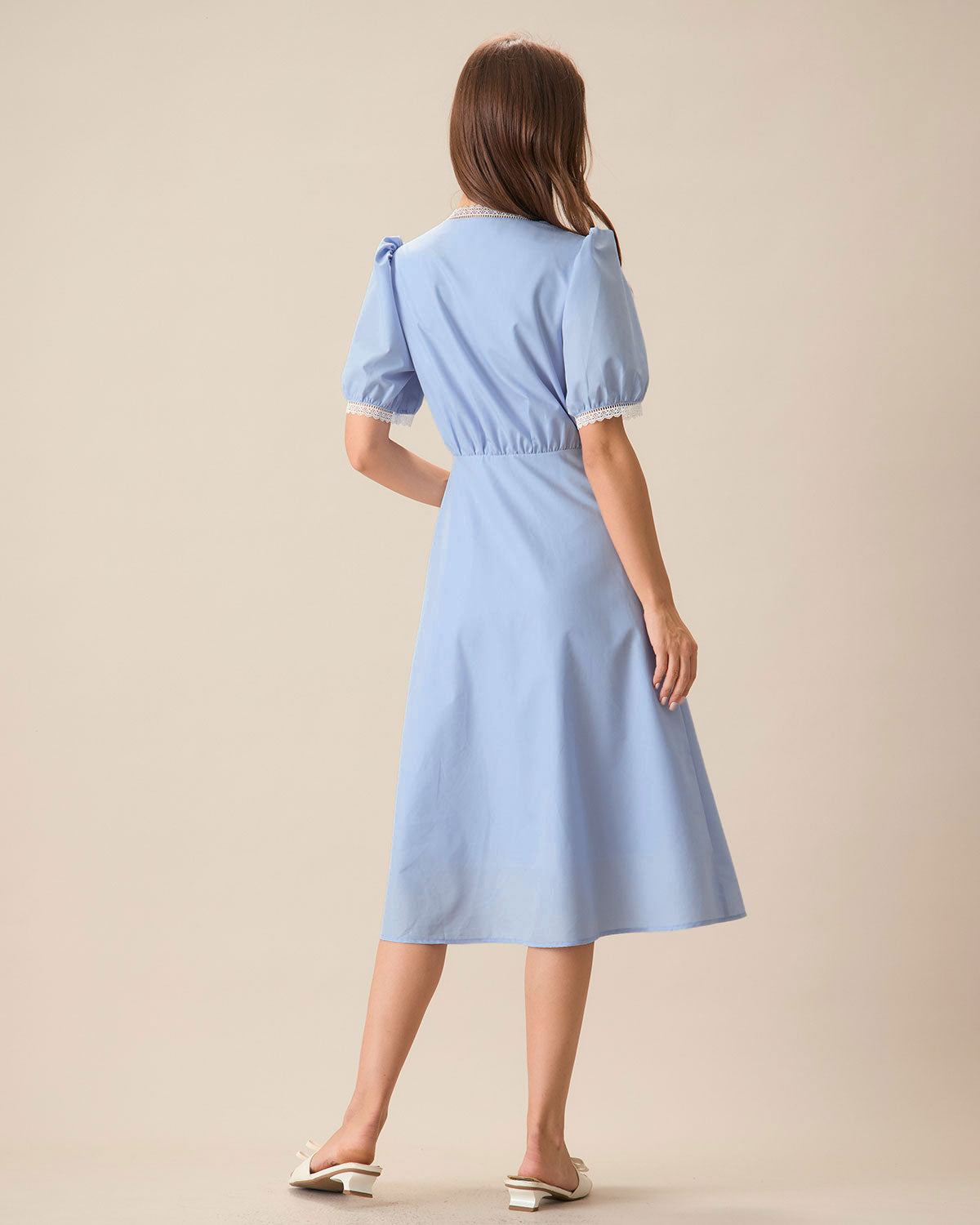 Women's Blue V-Neck Puffed Sleeve Midi Dress | Blue