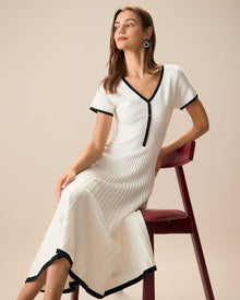 Women's White Contrasting Sweater Midi Dress