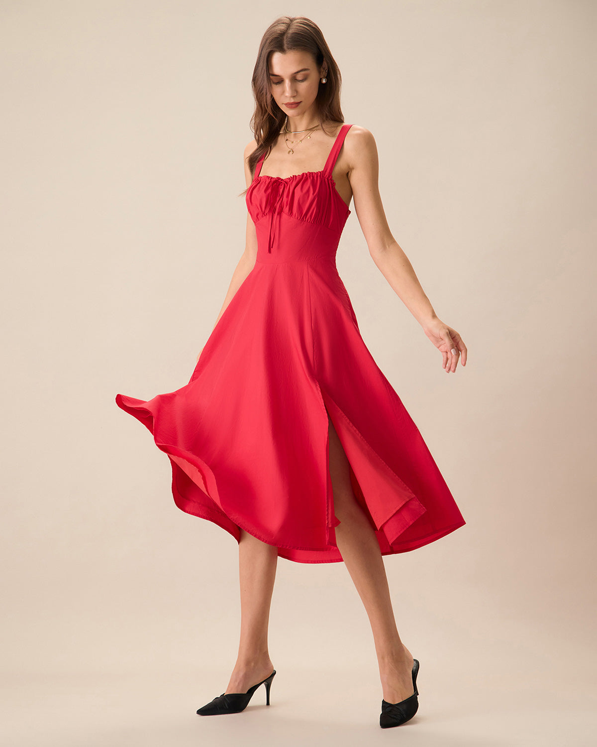 Women's Red Square Neck Ruched Slip Midi Dress