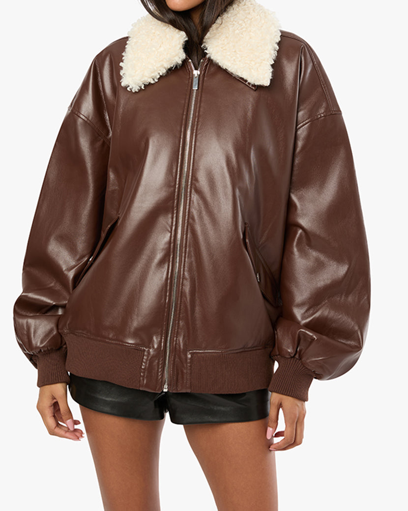 Faux Sherpa Collar Bomber Jacket | Brown