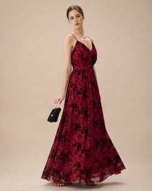 Red Floral Flocked Mesh Slit Maxi Dress