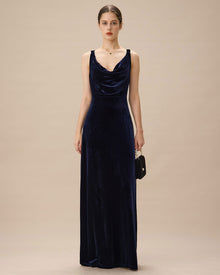 Navy Cowl Neck Velvet Maxi Dress | Navy