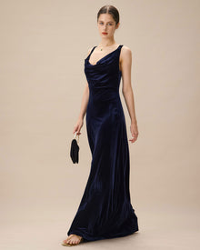 Navy Cowl Neck Velvet Maxi Dress | Navy