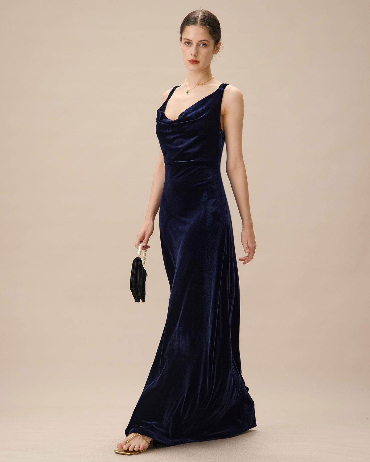 Navy Cowl Neck Velvet Maxi Dress | Navy