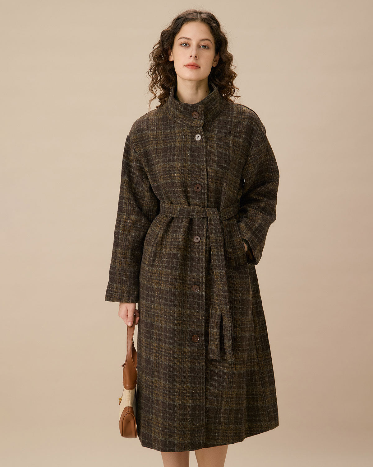 Coffee Mock Neck Single-breasted Plaid Coat