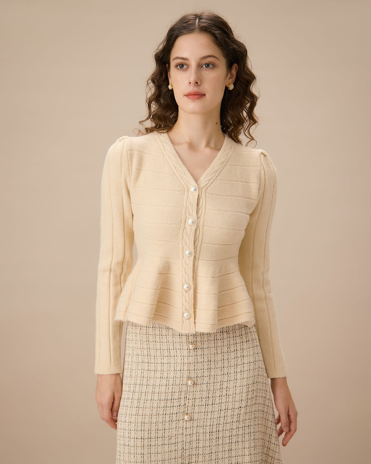 V Neck Single-breasted Srtiped Cardigan | Apricot