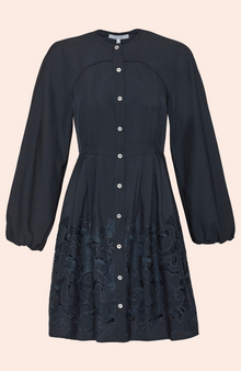 Floral Embroidered Cotton Button Front Dress | Navy