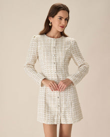 White Square Neck Tweed Mini Dress | White