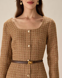 Brown U Neck Button-Up Tweed Mini Dress