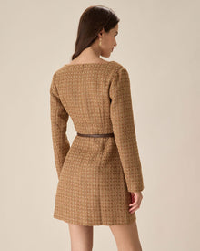 Brown U Neck Button-Up Tweed Mini Dress