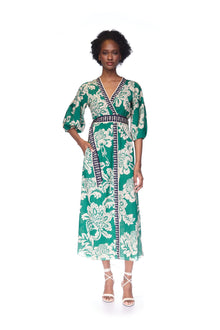 Rosewood Silk Dress | Flora Stamp Green