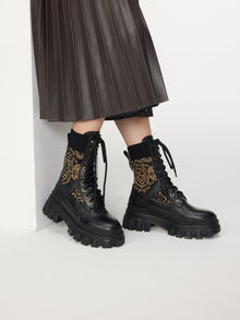 Knit Lace Up Platform Boots | Black
