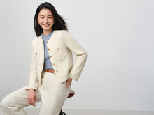 Tweed-Style Plaid Collarless Jacket | White