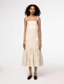Another Tomorrow Gathered Flounce Dress in Khaki Floral – Cotton Women's Dress