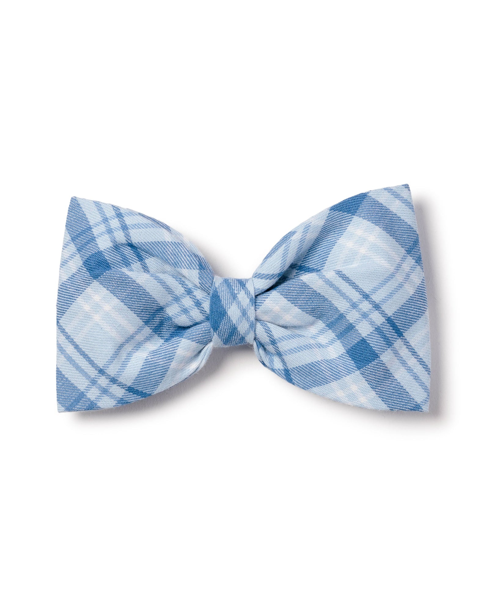 The Petite Plume Dog Twill Bow Tie in Seafarer Tartan, a festive blue and white plaid accessory, stands out beautifully against a crisp white background.