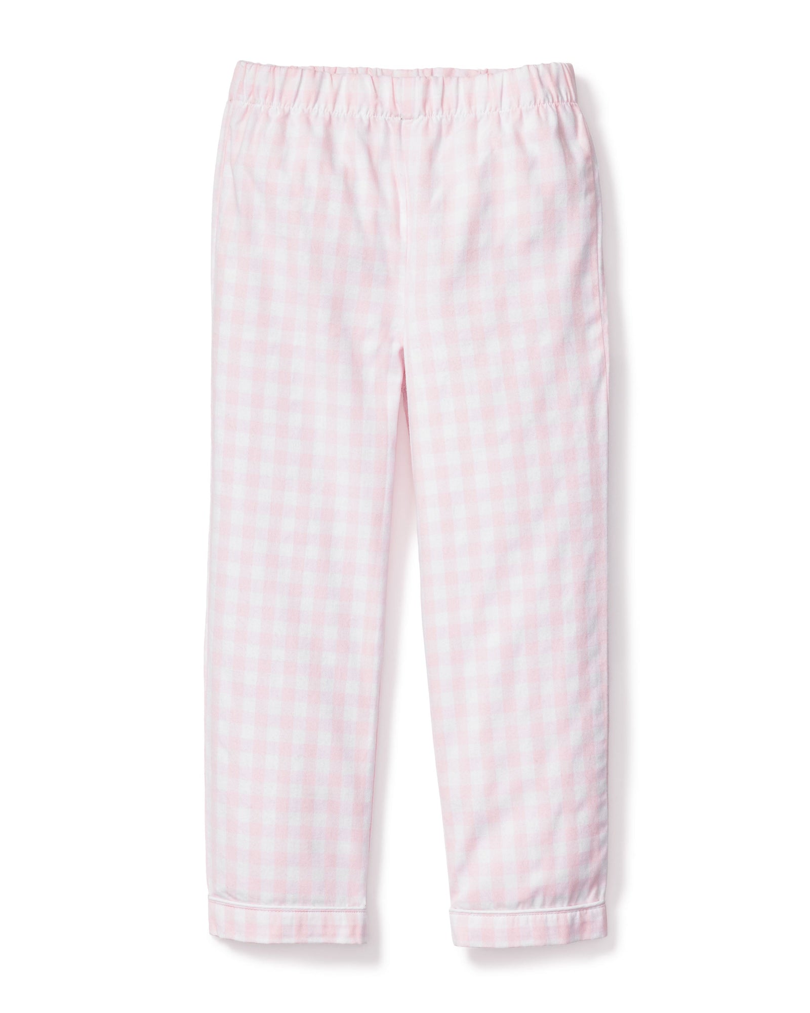 Petite Plumes Kids Twill Pajama Pants in Pink Gingham, made from yarn-dyed cotton, feature an elastic waistband and straight legs, displayed on a white background.