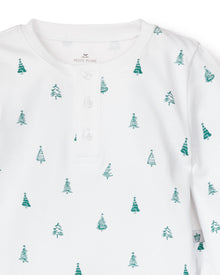 The Kids Pima Snug Fit Pajama Set in Evergreen Trees by Petite Plume is a white henley shirt crafted from soft Pima cotton, featuring small green Christmas trees and three neckline buttons for comfort.