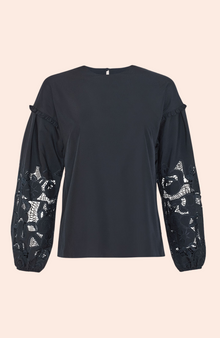 Floral Embroidered Cotton Full Sleeve Top | Navy