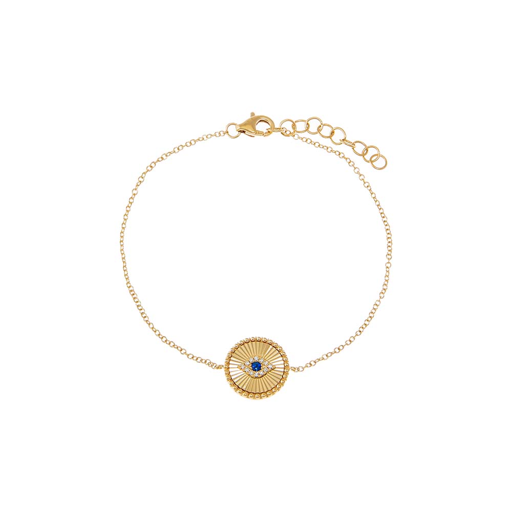 14K Gold Diamond Pave & Sapphire Blue Evil Eye Ridged Disc Bracelet 14K - Adina's Jewels