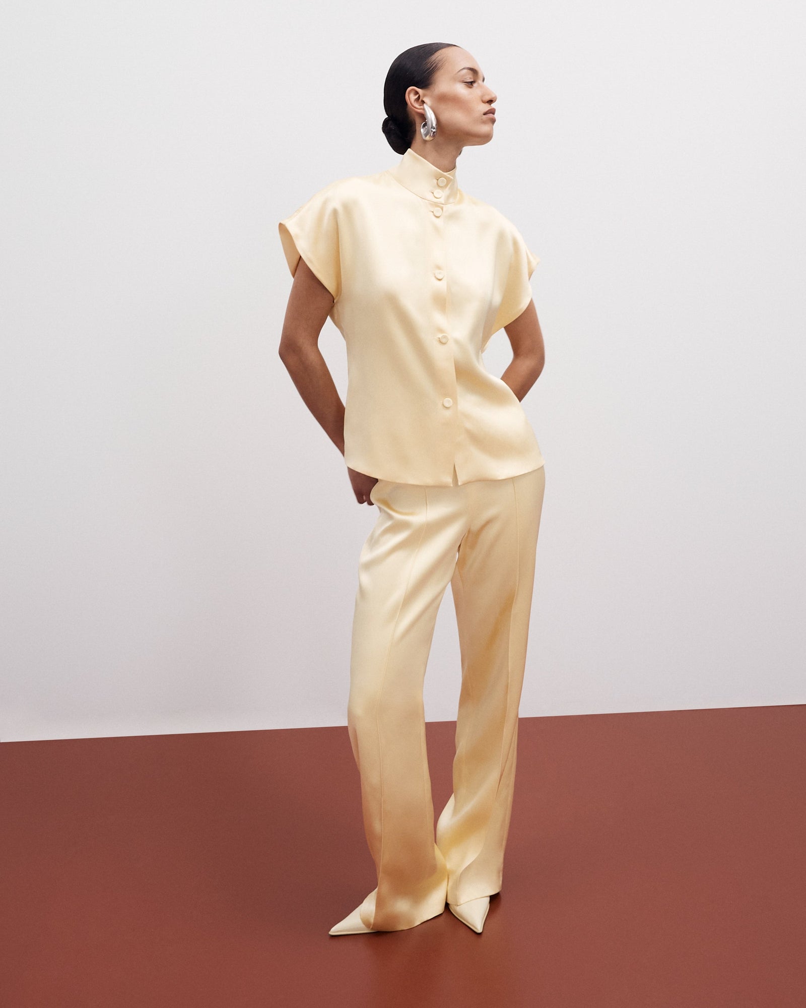 Another Tomorrow Pintuck Trouser in Daffodil – Satin Women's Trousers