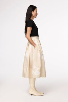 Another Tomorrow Gathered Circle Skirt in Khaki Floral – Cotton Women's Skirt