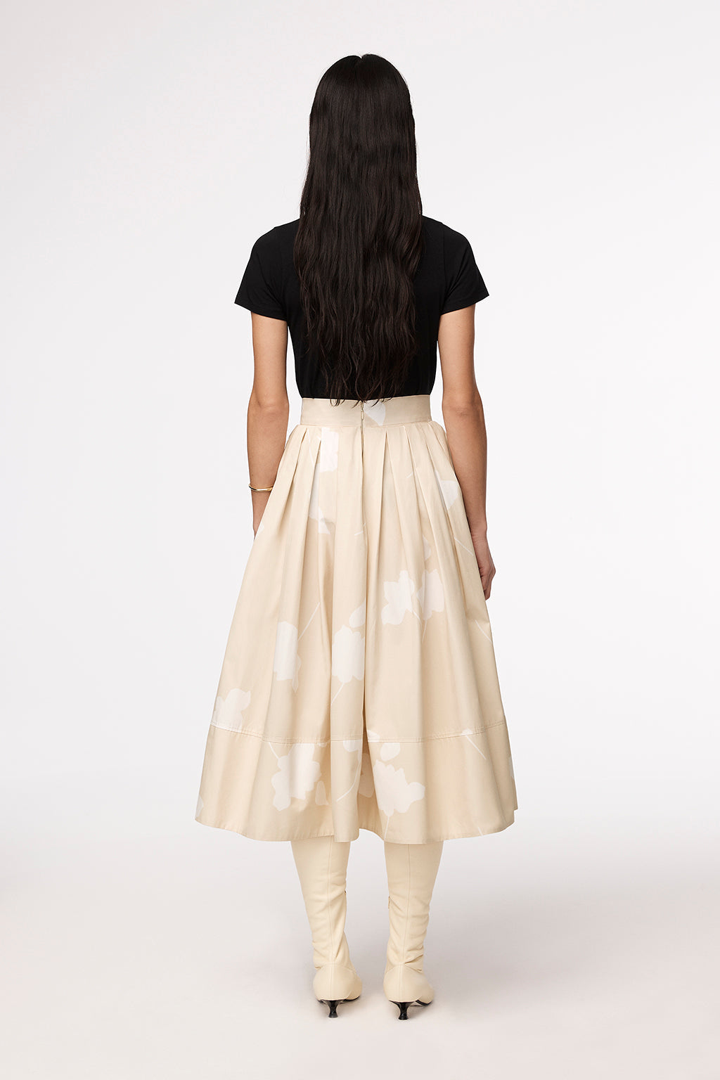 Another Tomorrow Gathered Circle Skirt in Khaki Floral – Cotton Women's Skirt