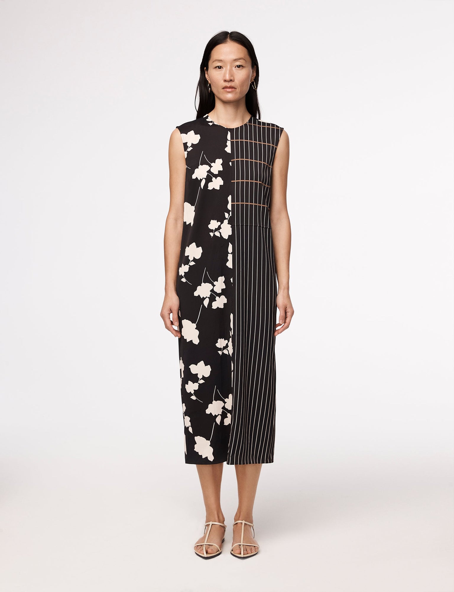 Another Tomorrow Pinstripe Floral Sleeveless Dress in Floral Plaid – Viscose Women's Dress