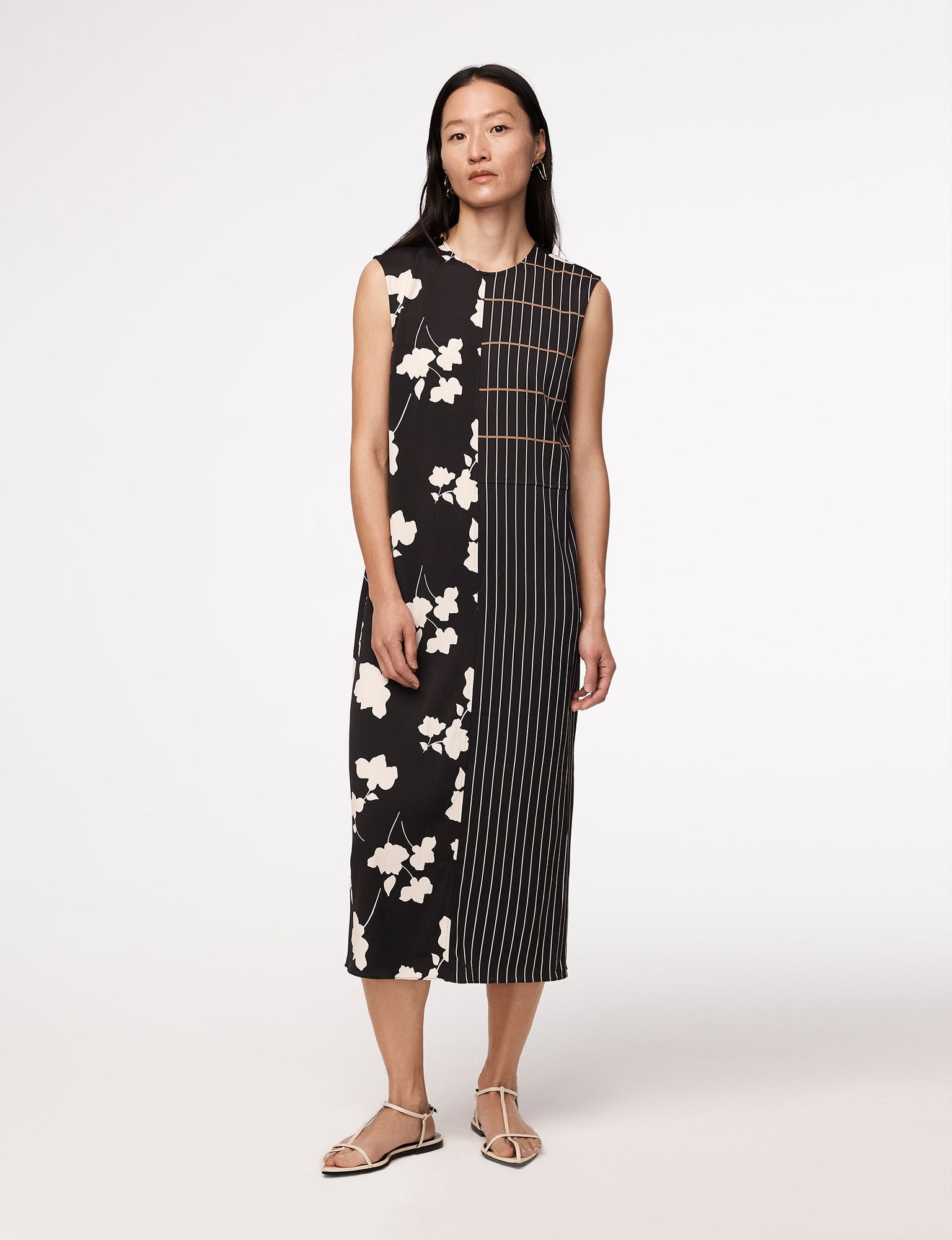 Another Tomorrow Pinstripe Floral Sleeveless Dress in Floral Plaid – Viscose Women's Dress