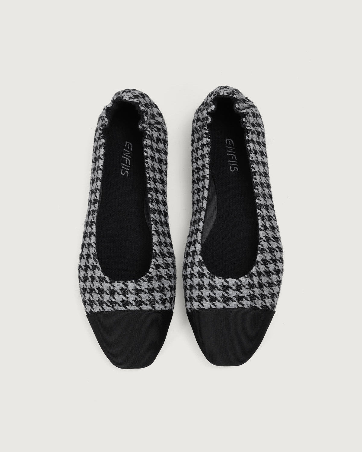 Enfiis Black and Grey Houndstooth Jacquard Square Toe Ballet Flats | Multi