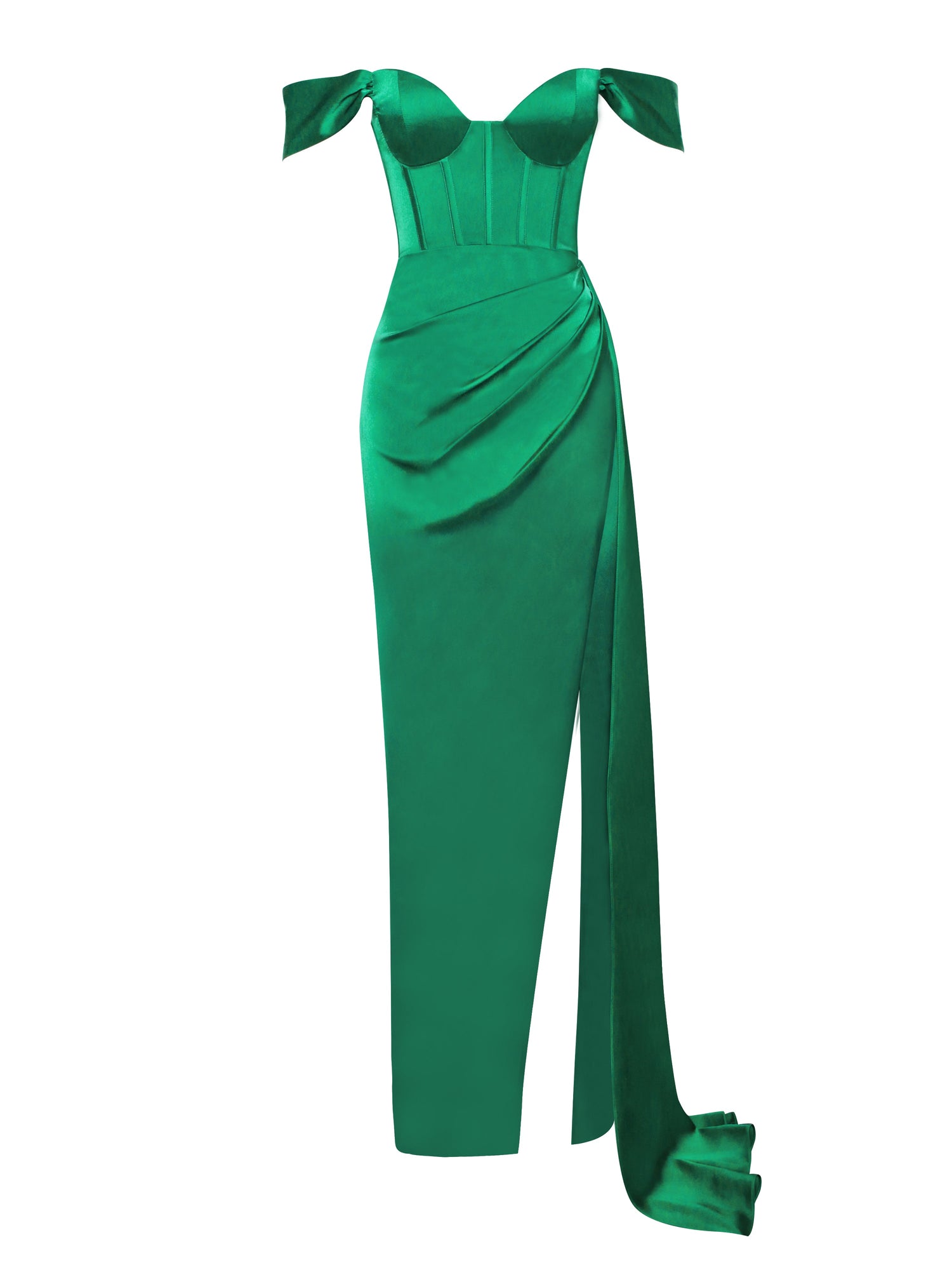 Zayda High Slit Corset Satin Gown | Green