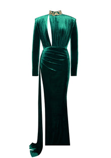 Zenaida Emerald Cutout High Slit Velvet Gown | Green