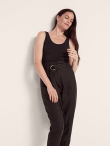 Another Tomorrow Paper Bag Pleated Trouser in Black – Linen Women's Trousers