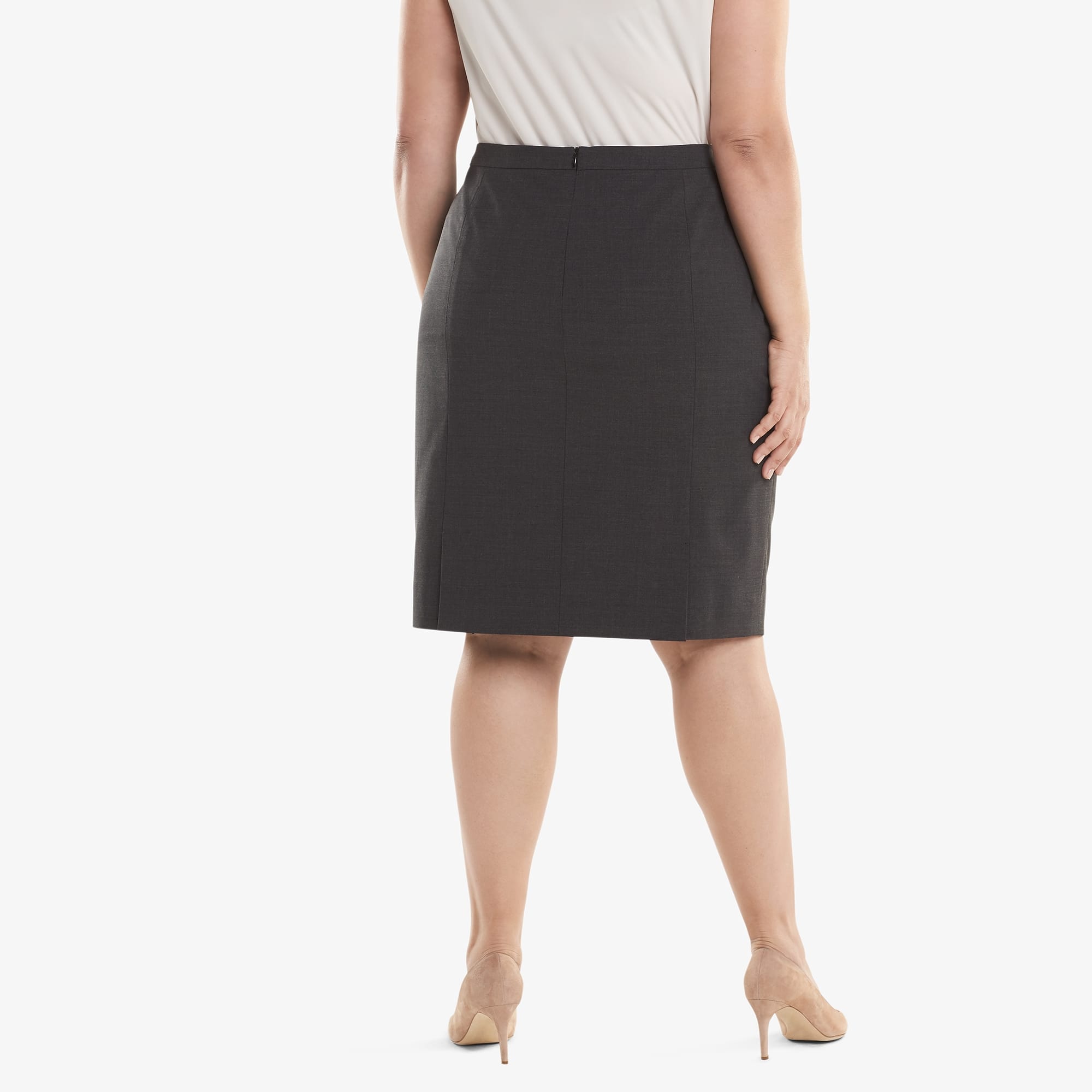 Back image of a woman standing wearing the Cobble Hill Skirt in Gray Melange | Exclude