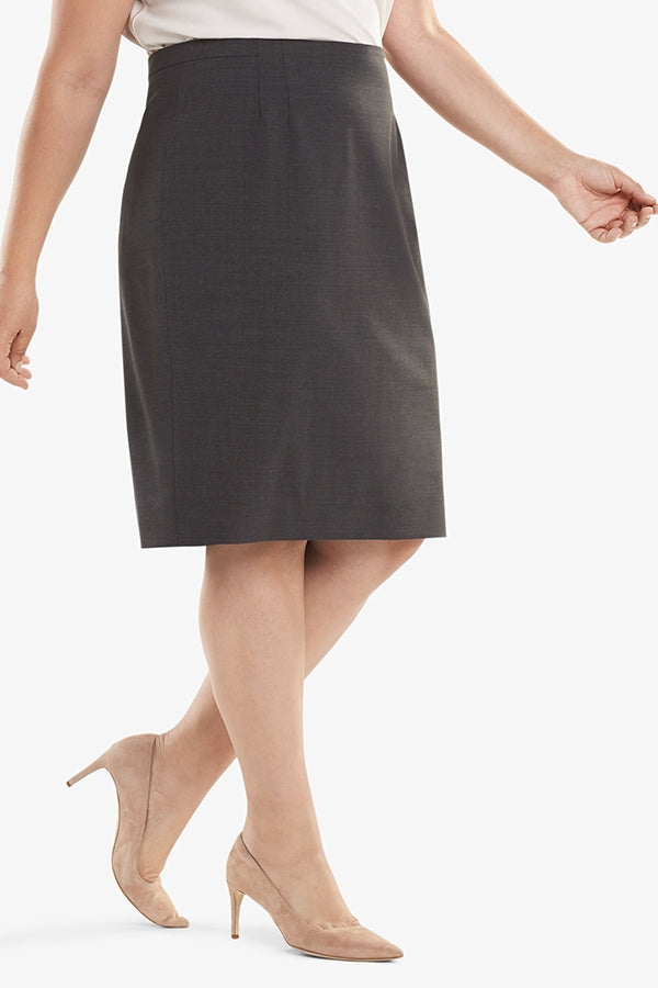 Front image of a woman standing wearing the Cobble Hill Skirt in Gray Melange | Plus Hover | Exclude