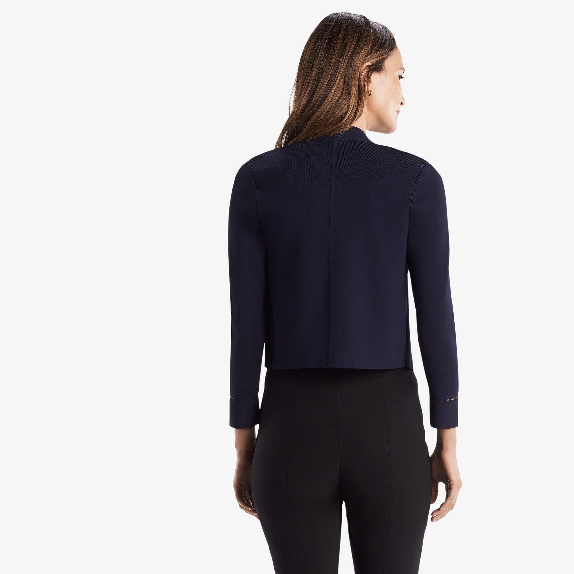 front image of a woman wearing the sant ambroeus jardigan in navy | Exclude
