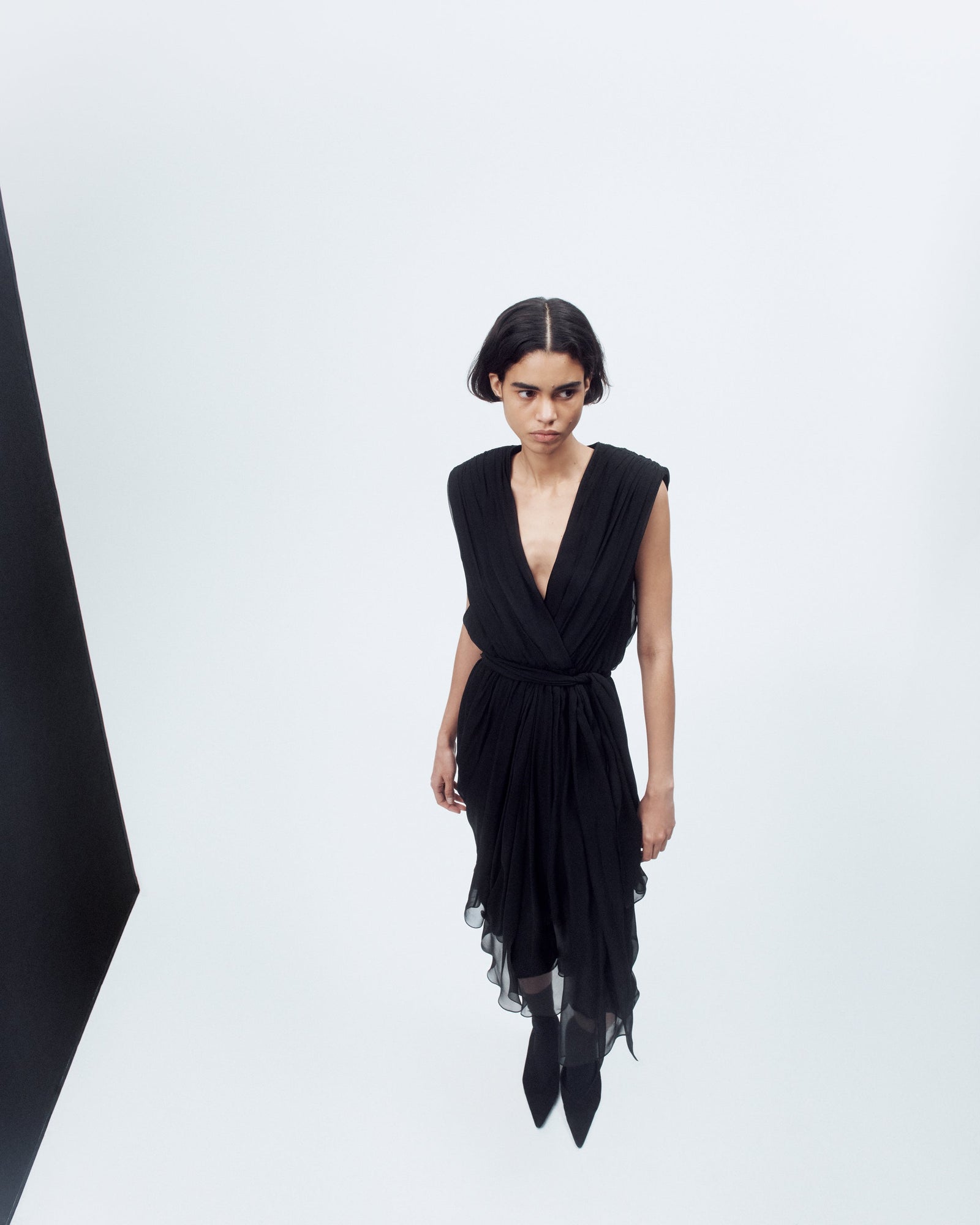 Another Tomorrow Silk Chiffon Gathered Dress in Black – Silk Women's Dress