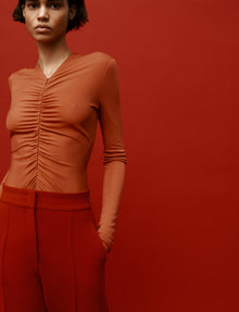 Another Tomorrow Shirred Long Sleeve Top in Sienna Red – Viscose Women's Top