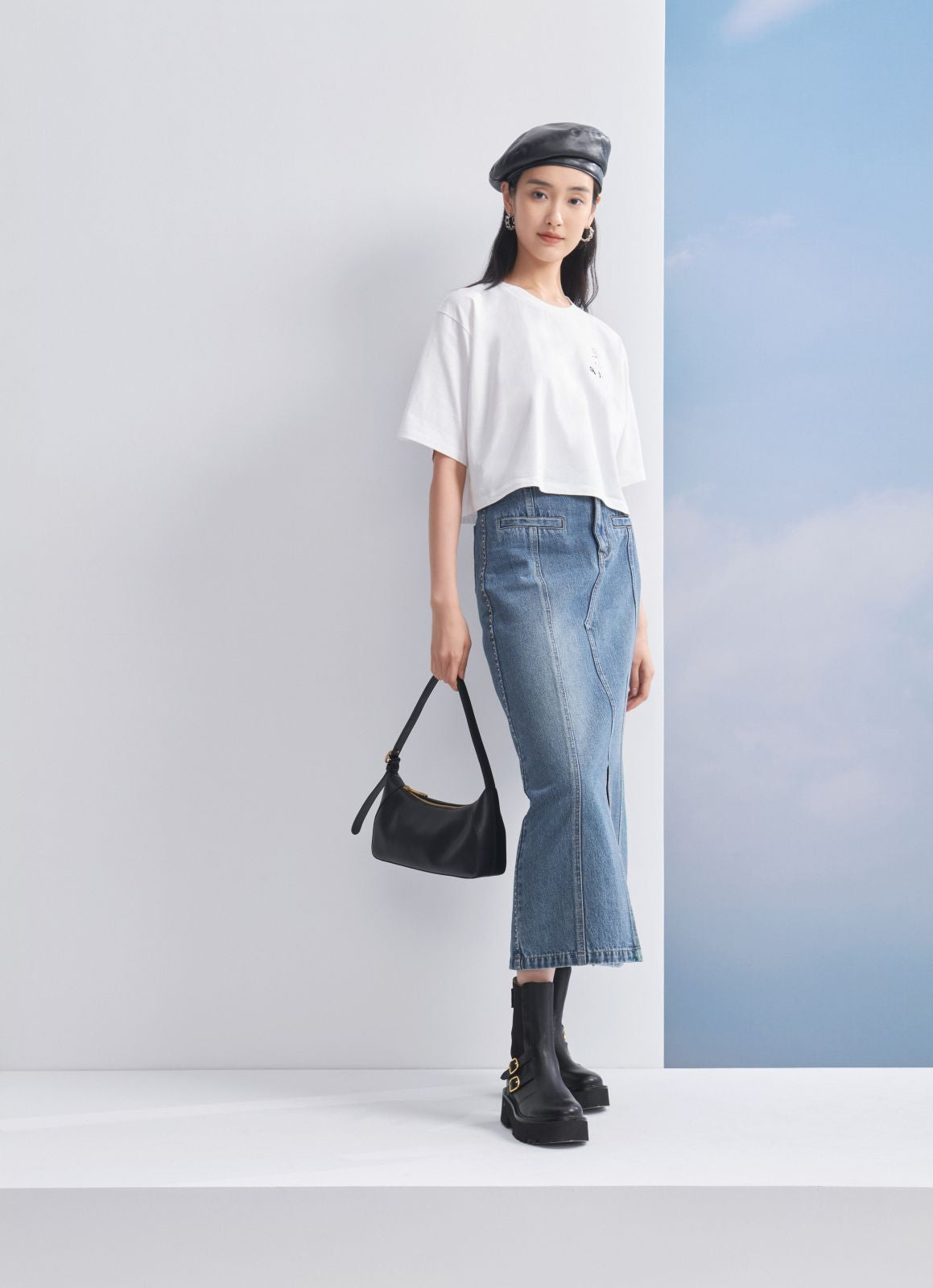 Split Cotton Midi Skirt | Blue